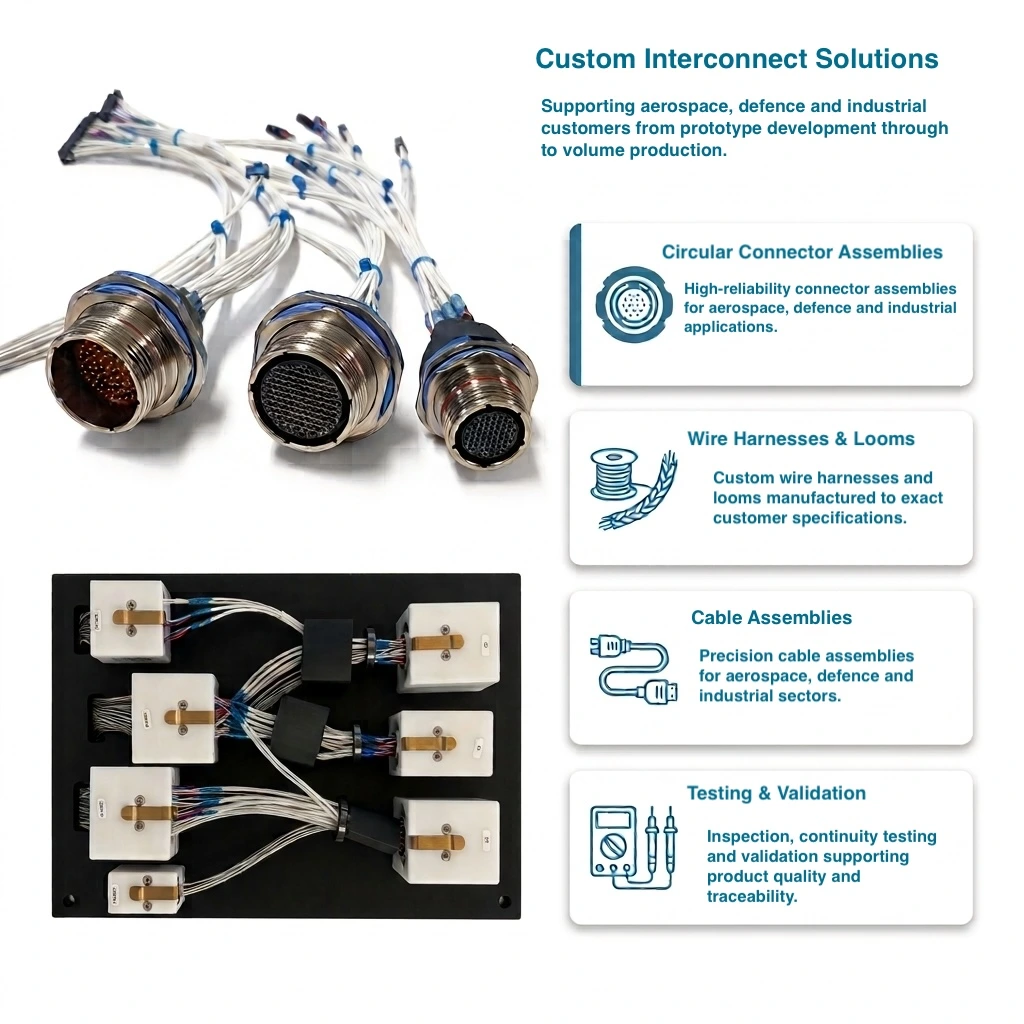Circular connector assemblies, wire harnesses and cable assemblies manufactured by Alida Systems.