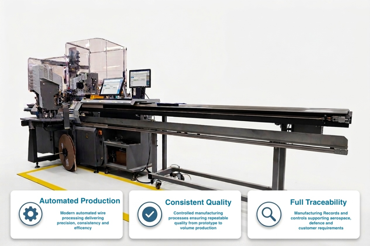 Automated wire processing equipment used for precision cable assembly manufacturing.