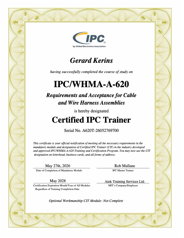 IPC WHMA A 620 certified trainer qualification supporting cable and wire harness assembly standards.