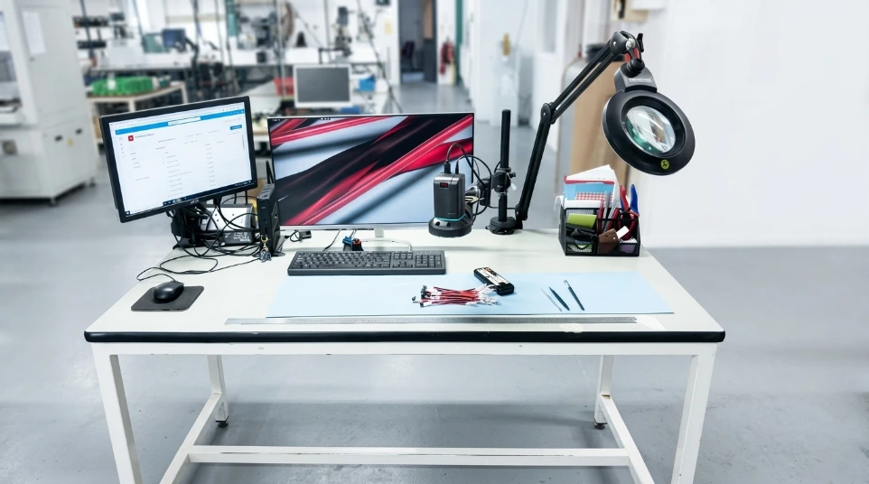 Quality inspection workstation used for wire harness and cable assembly verification.